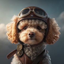 Dog with aviation theme, looking like Amelia Earhart