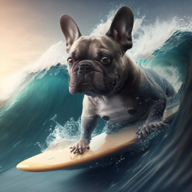 Dog crushing waves on a surfboard