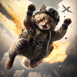 Cat diving from airplane with explosion behind him