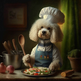 Dog chef holding a cooking utensil