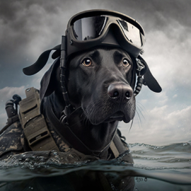 Old black lab wearing a scuba outfit like a navy seal