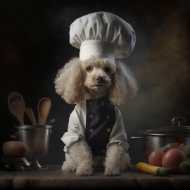 Poodle professional chef with cooking utensils and food around her