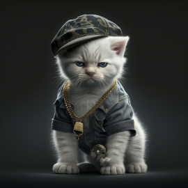 Gangster kitten with hat to the side and gold chain, looking angry