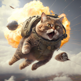 Kitten flying through the air with explosion behind him